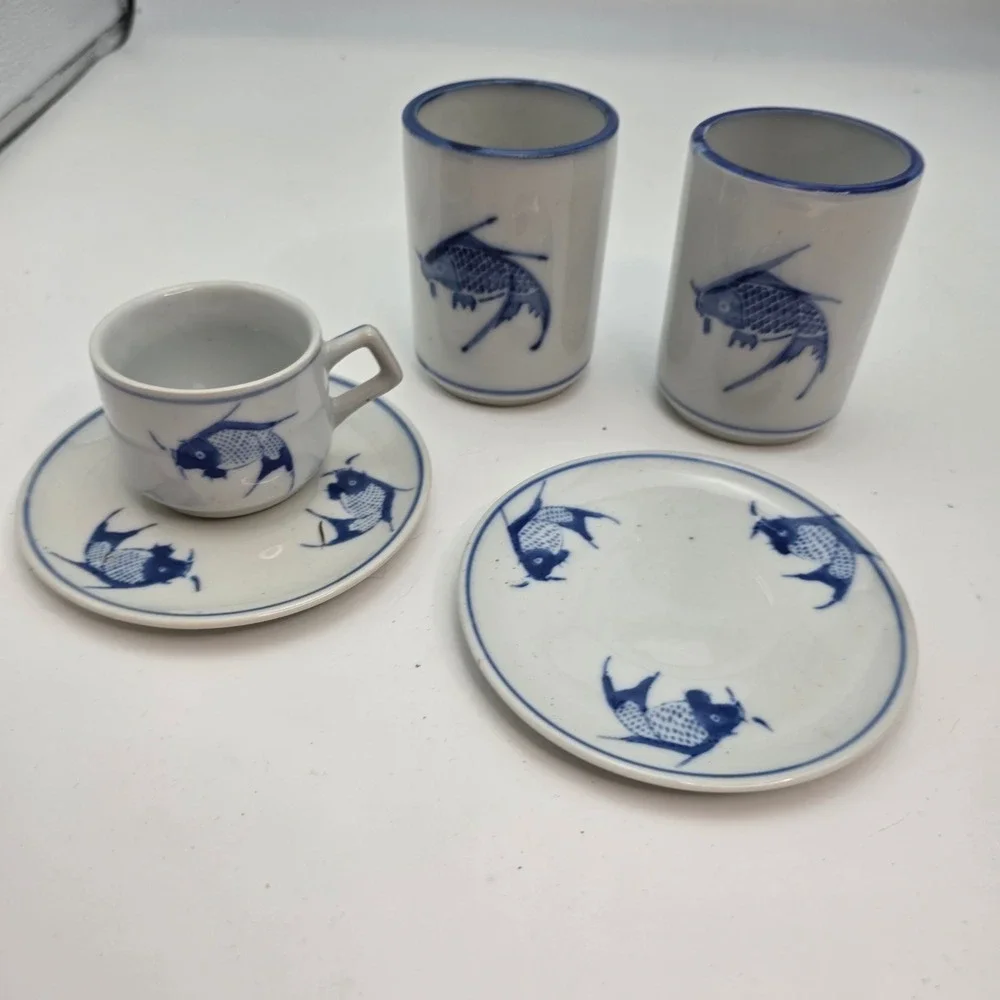 Pier 1 Blue White Koi Fish Ceramic Tea Tumblers and Espresso Cup Saucer Set